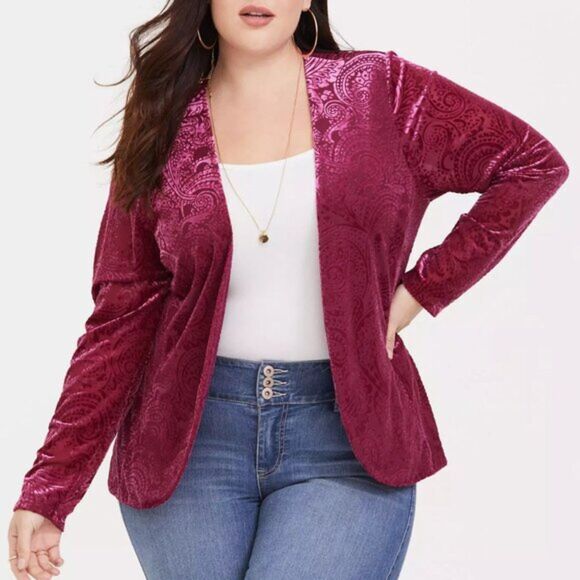 torrid Sweaters - Romantic Torrid Burnout Velvet Open Blazer Cardigan Red Whimsygoth Boho Fairy